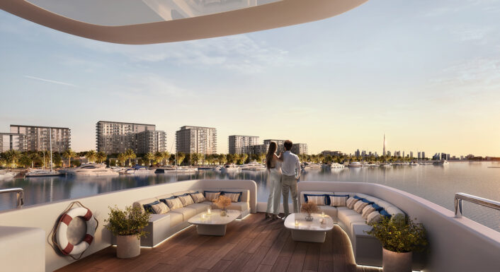 Rashid Yachts & Marina waterfront with the Dubai skyline beyond
