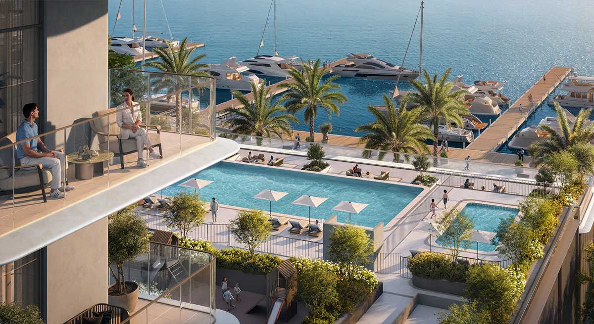 Aerial view over the pools and superyacht marina at Rashid Yachts & Marina by Emaar